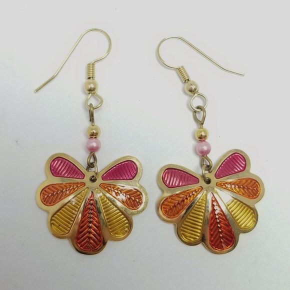Vintage Berebi Bright Orange Yellow Pink Enamel Dangle Earrings, Colorful Retro - Picture 7 of 7